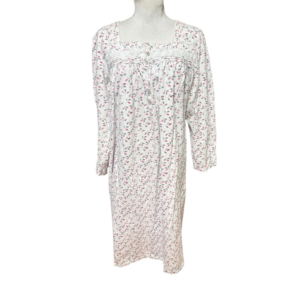 Eileen West Floral‎ Nightgown Long Sleeve Square Neck Lace Trim Sleepwear L